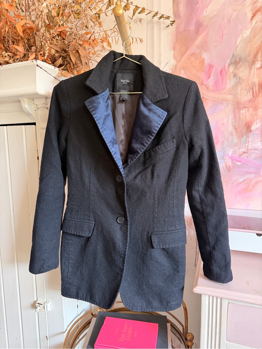 Smythe Black Tailored Pea Coat with Satin Lapel Trim